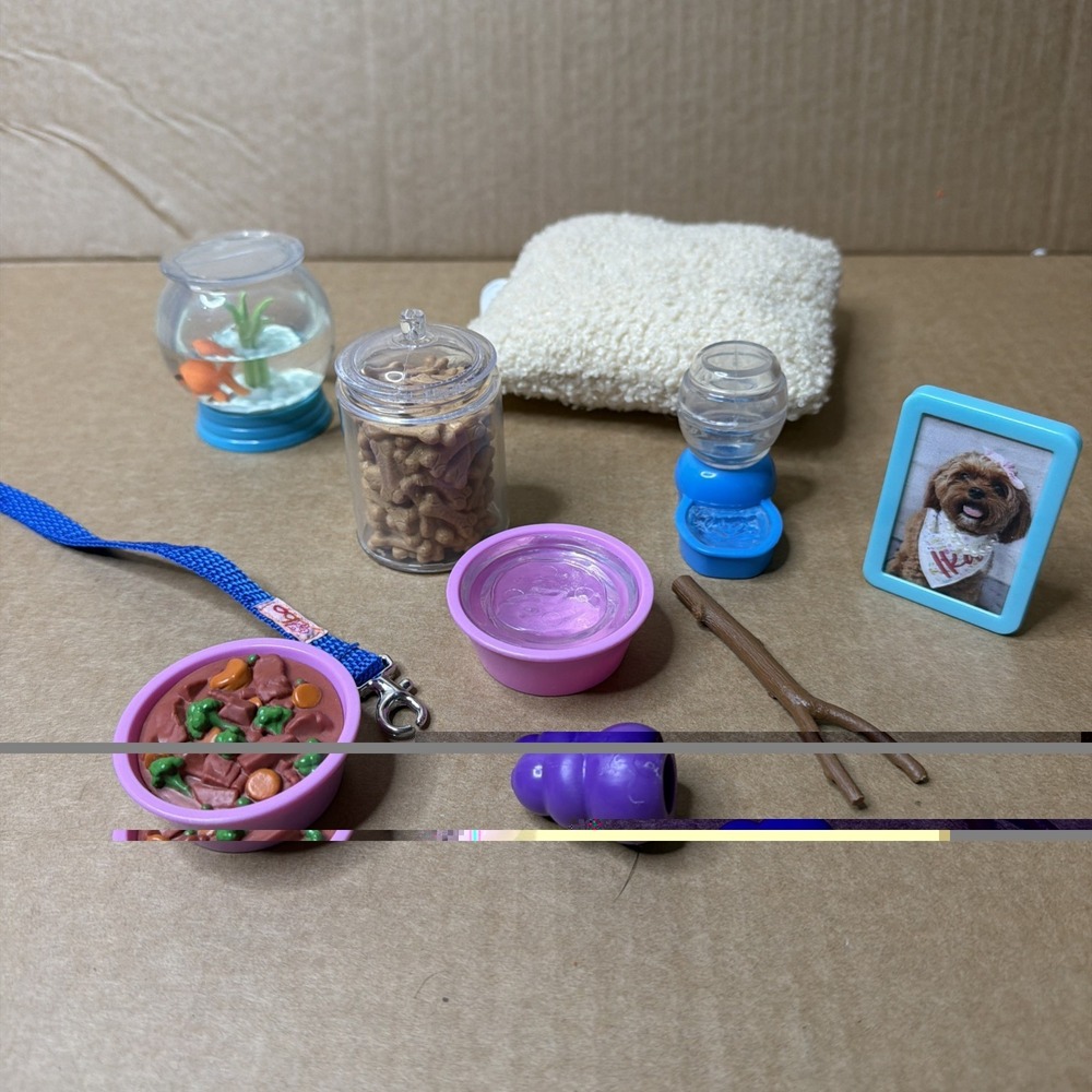 16"-18" Doll Animal Toy Lot With Fishbowl Dog Bed Leash Bones Stick